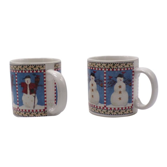 Sakura Debbie Mumm 1997 SNOWMAN Blue & White Winter Scene (2) Stoneware Mugs - Picture 5 of 7